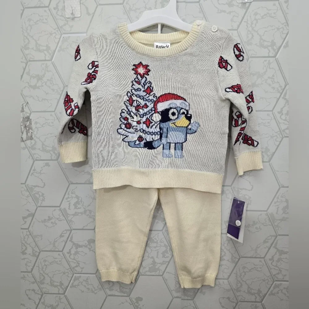NWT Baby Bluey Christmas Holiday 2pc Sweater Top & Bottom Knit Set